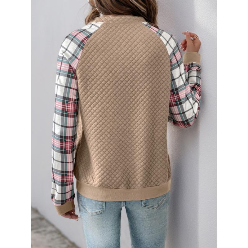 Women S Vintage Casual Loose Fit Plaid Patchwork Long Sleeve Sweatshirt