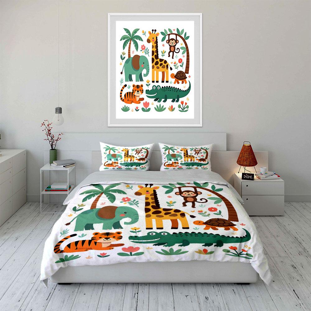 Cartoon Animals With Nature Elements Bedding Set For Kids Luxury Gift 3Pcs Digital Print Comforter Set Soft Comfortable
