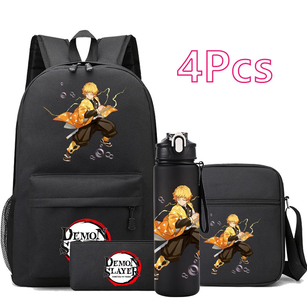 4 st/set Anime Demon Slayer Tryckt Ryggsäck Skolväska Axelväska Fodralväska med 750 ml Vattenflaska Pojke Flicka Stor Kapacitet Vattentät Skolväska