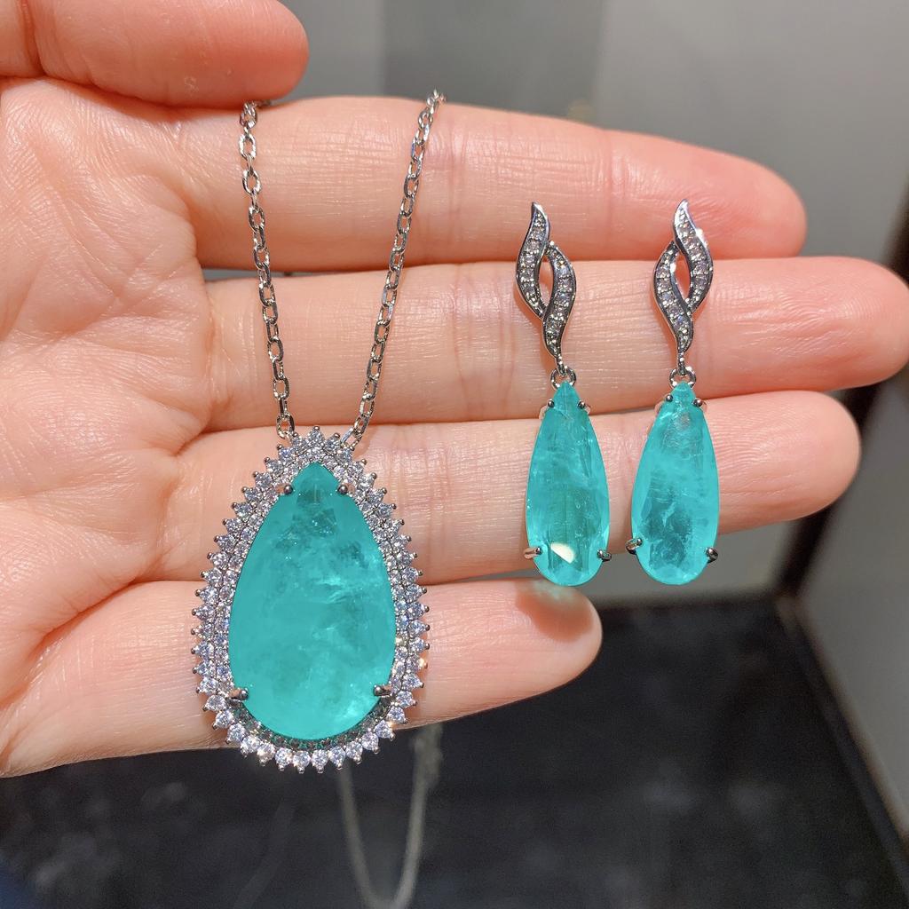 Jewelry Simulation Paraiba, Para Green, Big Water Drop Jewelry Set Stud Earrings 10 * 20 Pendant 15 * 25