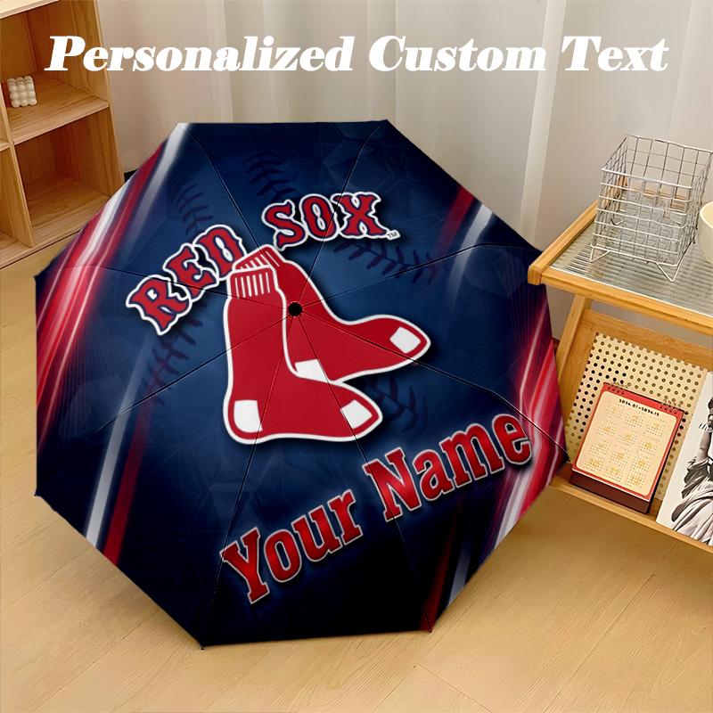 Boston Red Sox Automatic 8‑ribs Umbrella, Custom Name Text Personalized Folding Umbrella Rain Sun Gift