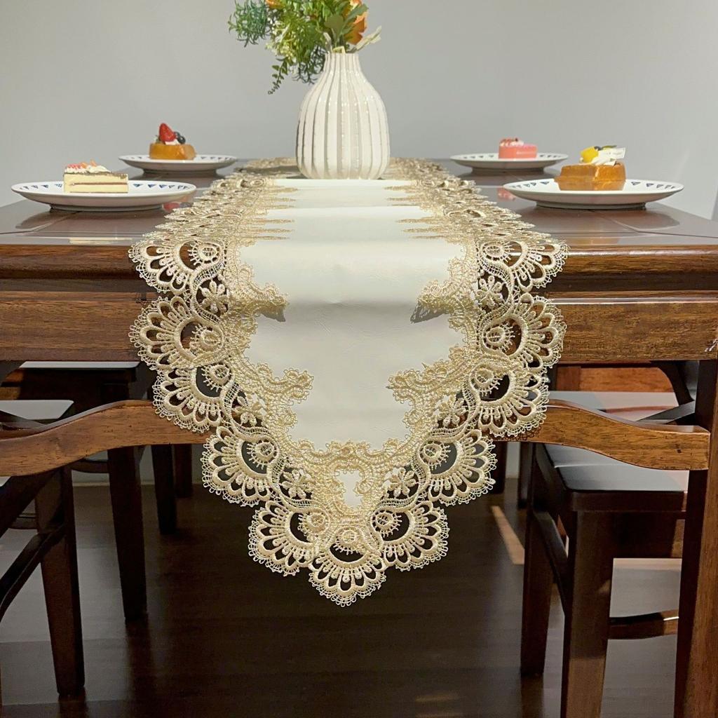 European Lace Table Flag Pu Waterproof And Oil-Proof, Solid Color Light Luxury Long Tablecloth Table Flag