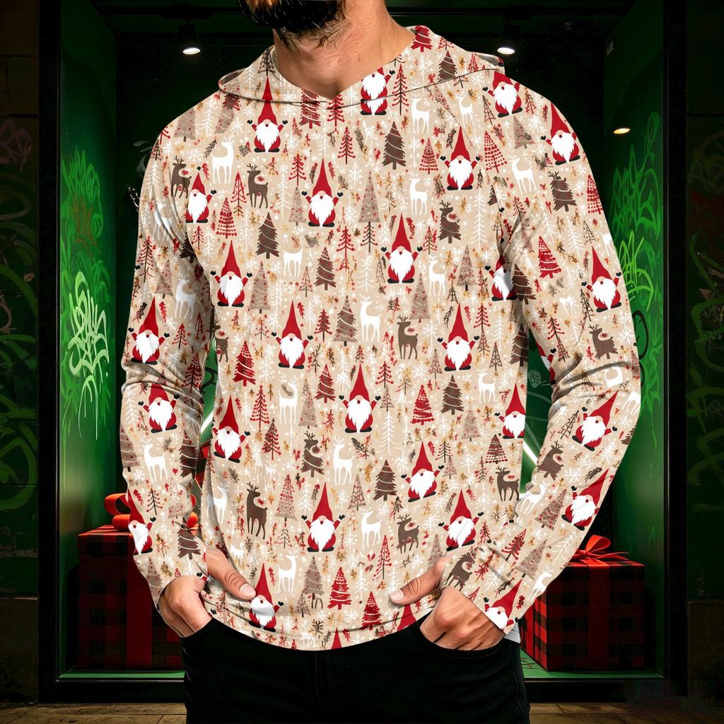 Men's Long Sleeve Hooded Sun Shirt Top with Christmas Print for Outdoor Wear