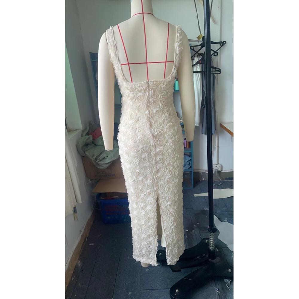 Elegant 3d Flower Halter Long Dress Women Slim Sleeveless Backless Pleated Holiday Dresses 2024 Summer Lady Solid Cotton Robes