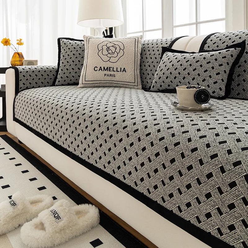 New French Plaid Sofa Cover Chenille Non Slip Sofa Slipcovers Pet Dog Kids Sofas Mat L Shape Home Decor Solid Color Couch Cover