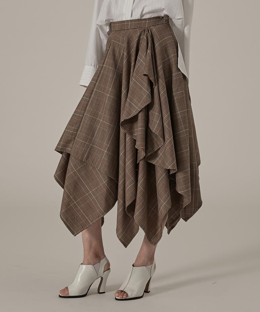 Modern Able Asymmetrical Long Flare Check Skirt - Brown