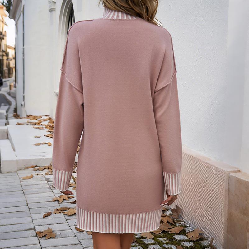 Women Spring Autumn Stand Collar Long Sleeve Color Matching Loose Knitted Sweater Dress