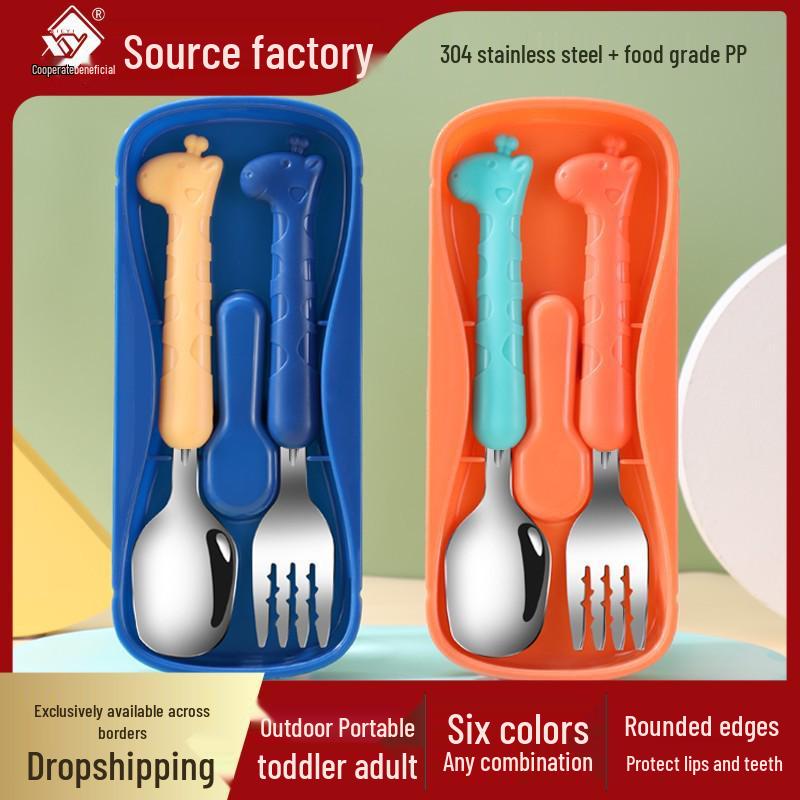 304 Stainless Steel Kids' Fork & Spoon Set - Baby Training Tableware Portable Kit