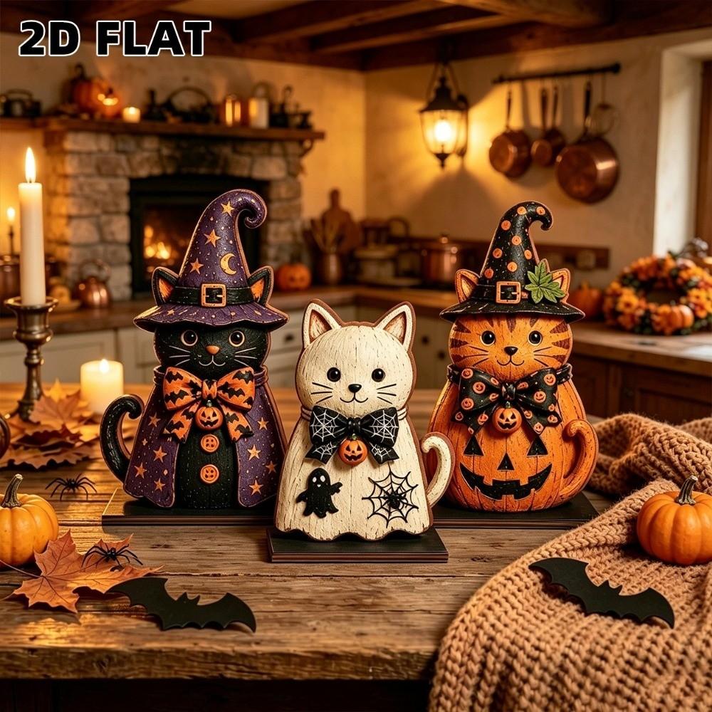 3pcs Rustic-style Halloween Figurine Pumpkin Tabletop Decoration Vintage Witch Cat Ornament Bedroom