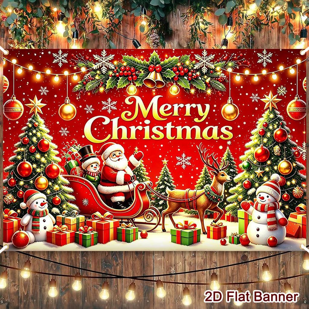 Christmas Polyester Backdrop 150*100cm Santa EIK Print Party Banner for Home & Outdoor Holiday Decor, Christmas Decorati