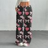 Women's Casual Fashion Printed Elastic Waist Loose Straight Leg Pants With Rope