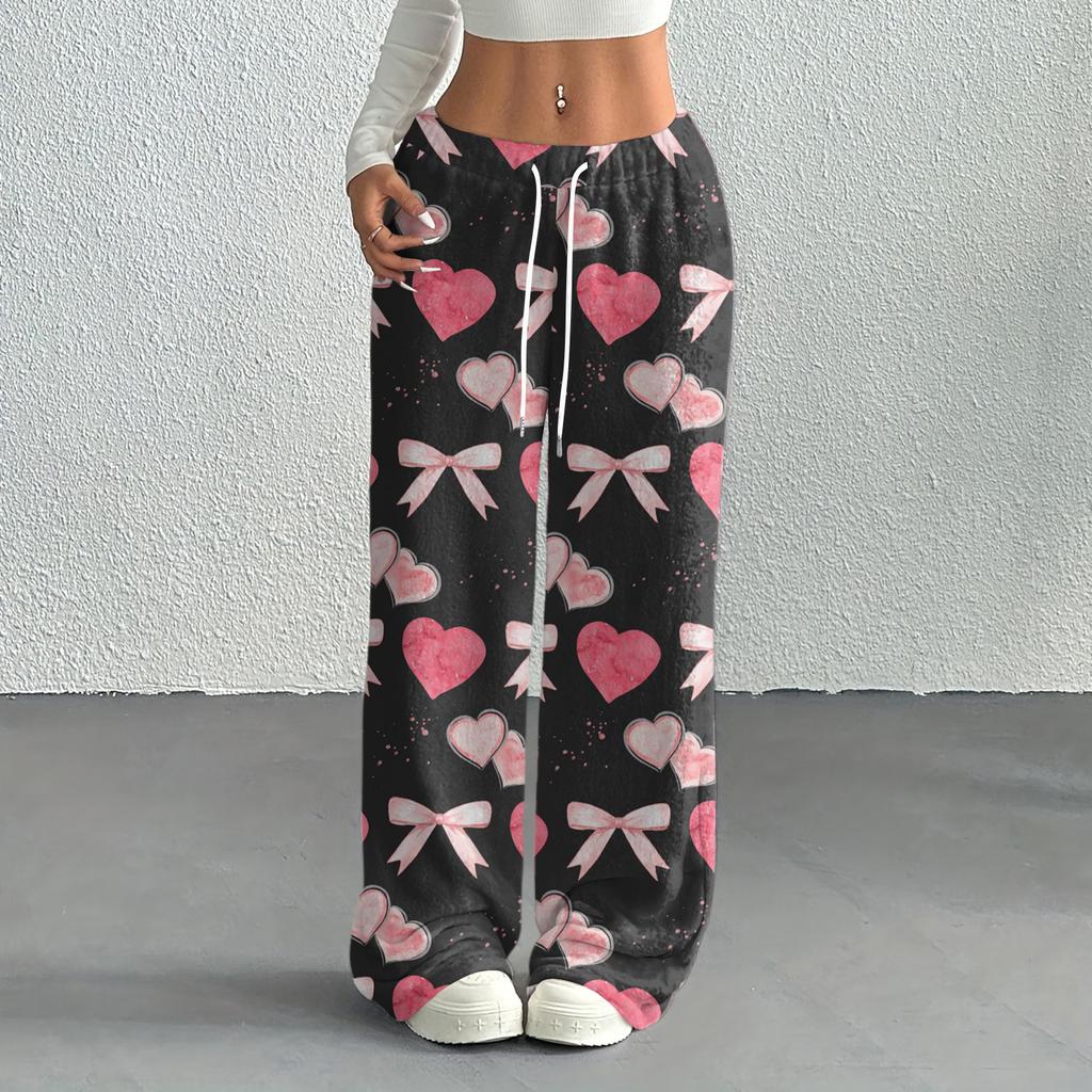 Women's Casual Fashion Printed Elastic Waist Loose Straight Leg Pants With Rope