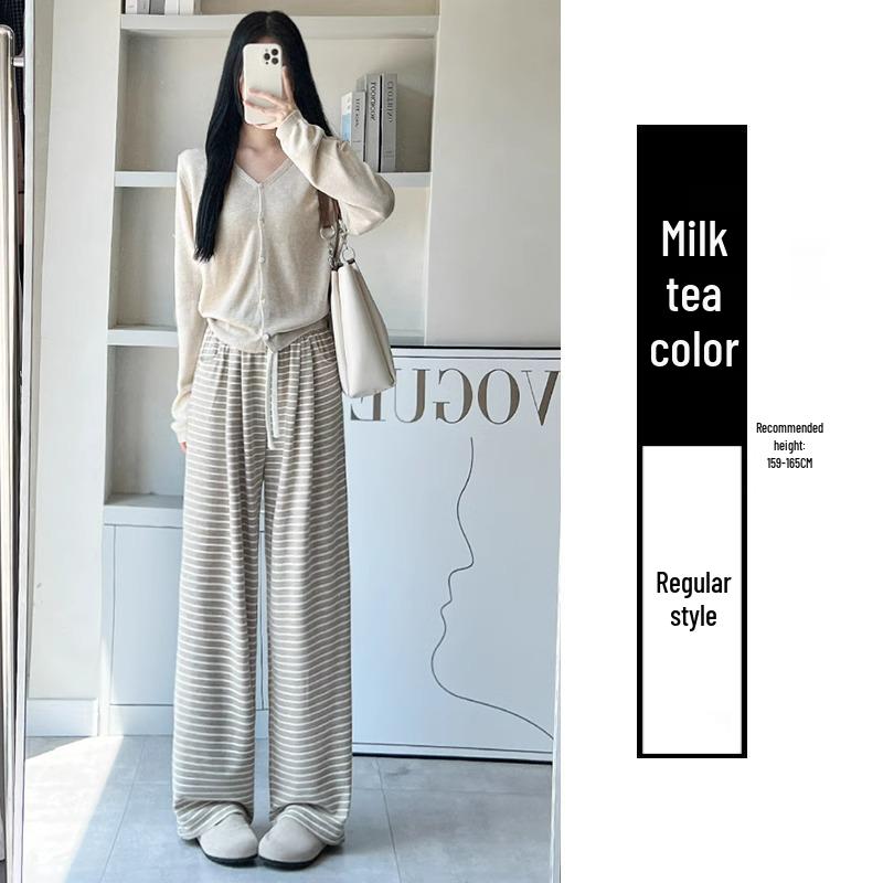 Women's High-Waisted Striped Drawstring Pants, Petite Size, Soft Wide-Leg, Perfect for Spring and Autumn