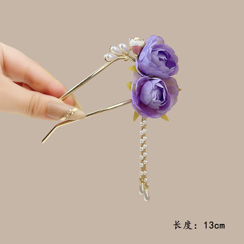 Elegant Flower Hairpin For Women Sweety Peony U Shaped Hair Stick Girls Fashionable Hair Accessories Gauze Floral Hair Pin NEW