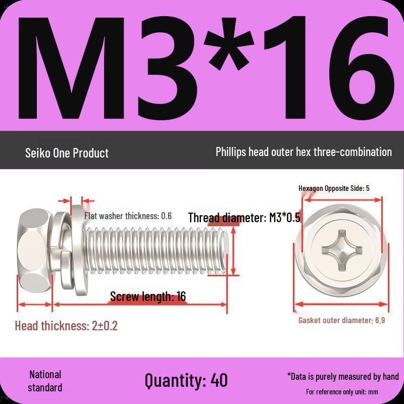 Concave Head Hexagon Combination Bolt Set with Spring Washer and Gasket - 3 Pieces
