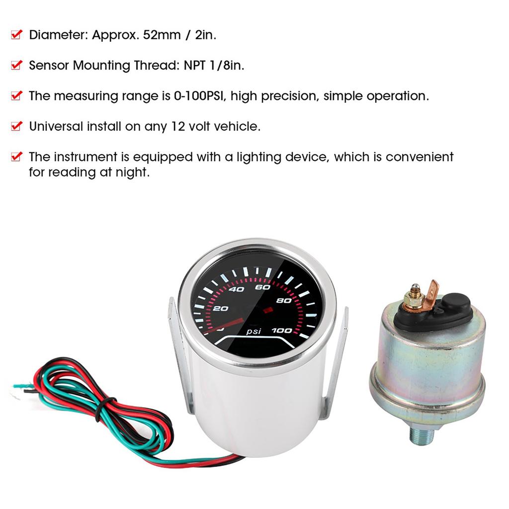 52mm   2in Universal Car Oil Pressure Guage System Tester 0‑100PSI Digital Meter 12V White Light
