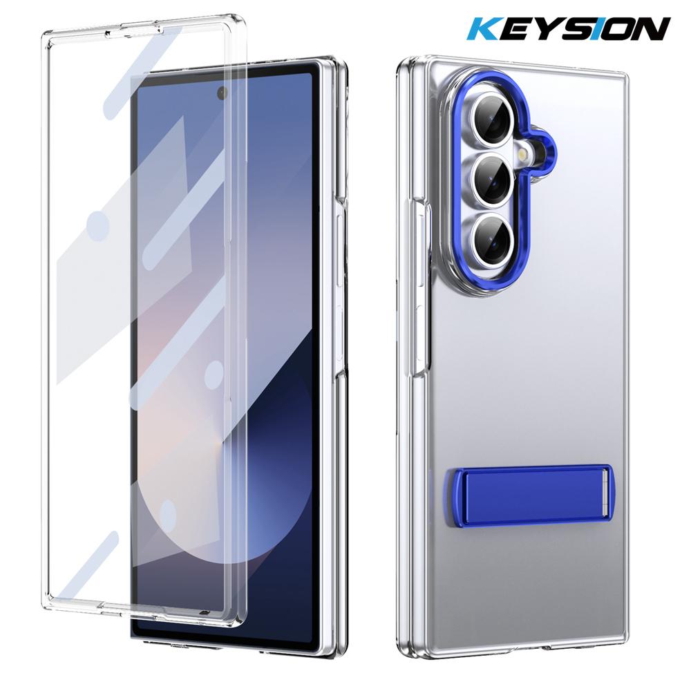 KEYSION Transparent Case for Samsung Galaxy Z Fold 7 Hard PC Metal Kickstand Shockproof Phone Cover with Glass Screen Protector
