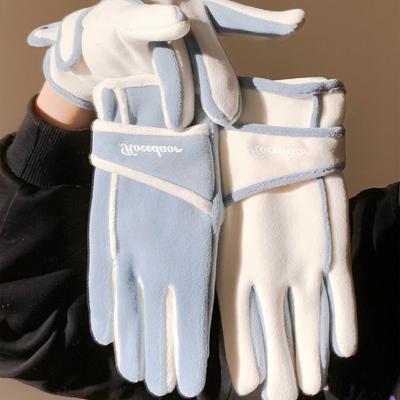 Korean Style Simple Letter Plush Gloves for Women In Winter Versatile Five-finger Windproof and Cold Touch Screen Riding Electric Vehicle Students