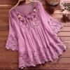 Women Plus Size Loose Shirt Half Sleeve Lace Flower Embroidery