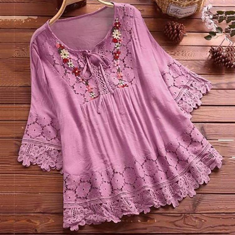 Women Plus Size Loose Shirt Half Sleeve Lace Flower Embroidery