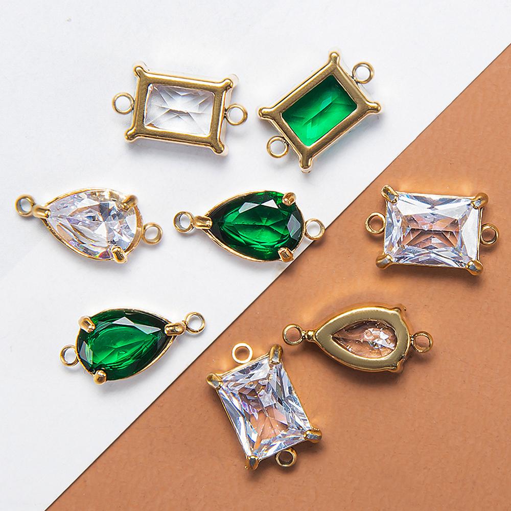10pcs 5pcs Stainless Steel Zircon Pendants Green Transparent Two Holes Crystal Charms Beads for Necklace Jewelry Making DIY