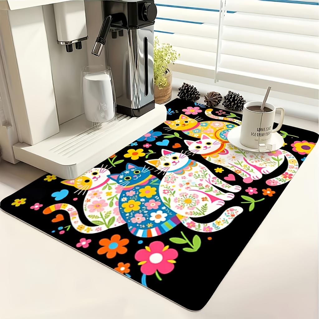 1Pcs Rubber Drying Mat With Cute Cat For Coffee Shop Restaurant Kitchen Carpet Tableware Durable Diatom Mud Table Mat Pet Mat