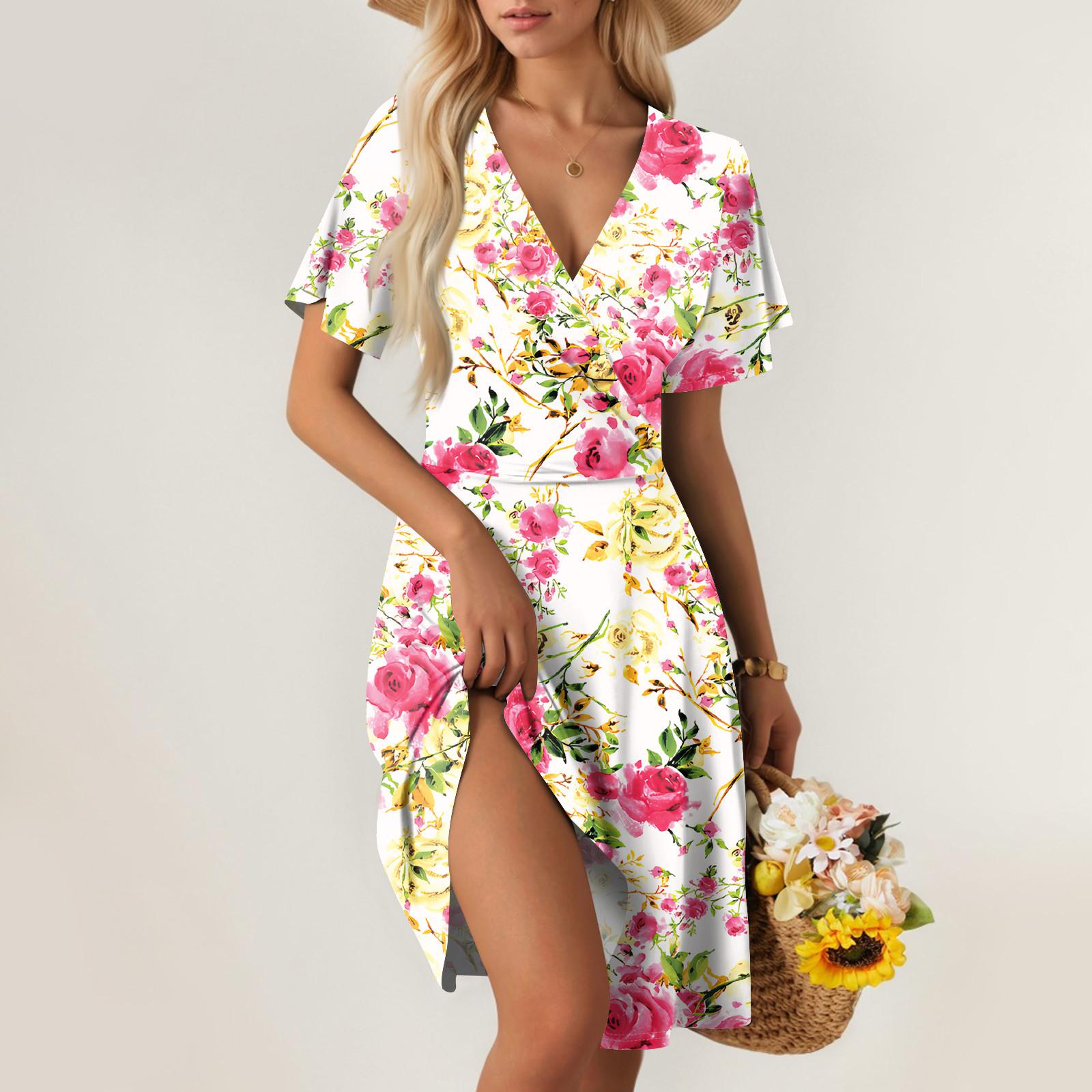 

Жіноча літня сукня вільна пляжна відпустка повсякденна глибокий V-подібний виріз жилет елегантна сукня-сорочка XL жовтий