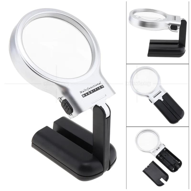 3X Folding Lamp Loupe Magnifier Reading Portable Handheld Illuminated Magnifying Glass with 2 LED Lights for Newspaper