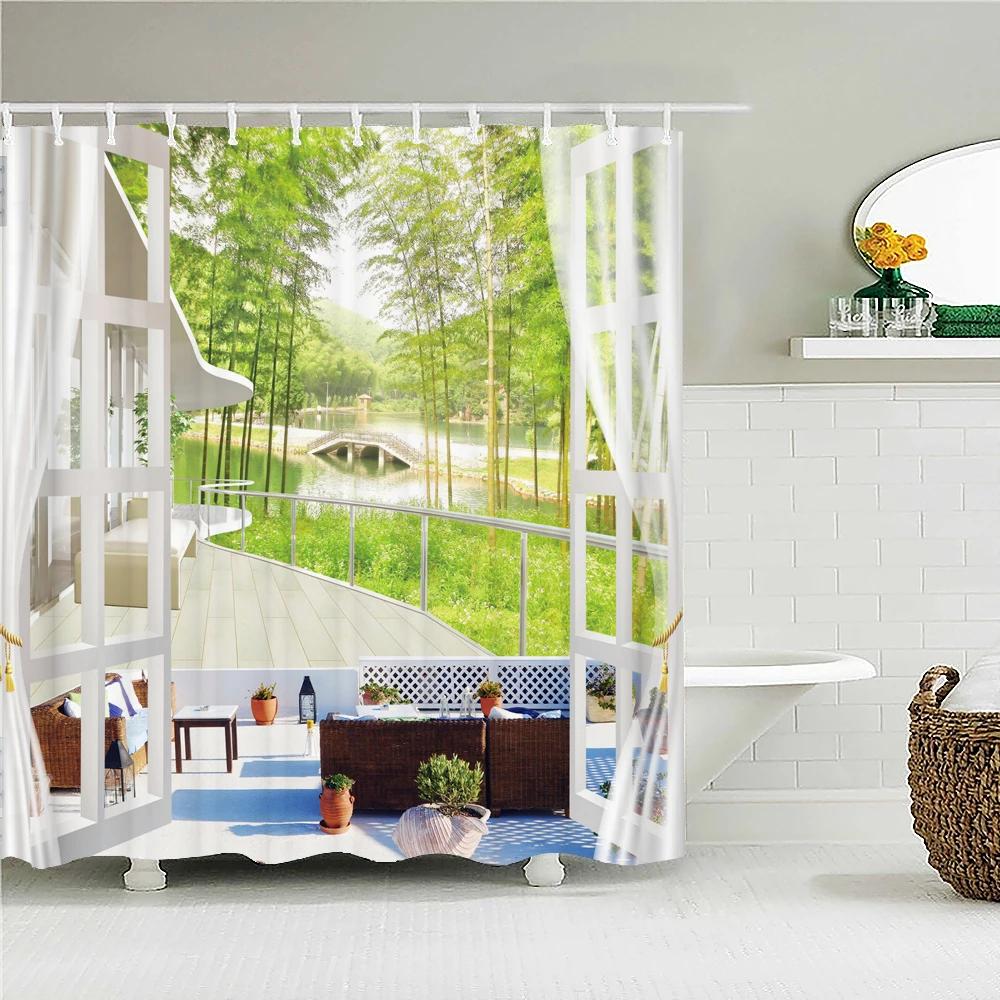3D Waterproof Fabric Polyester Shower Curtains landscape Outside the Window Bathroom Curtains With Hooks Bathtub Decor Screen