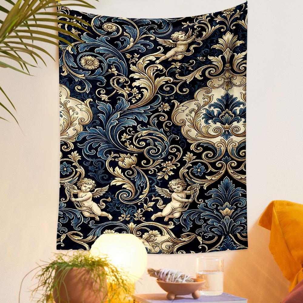 Blue Gold Cherub Baroque Damask Seamless Pattern for Classic Decorative Wall Tapestry for Bohemian Home Wall