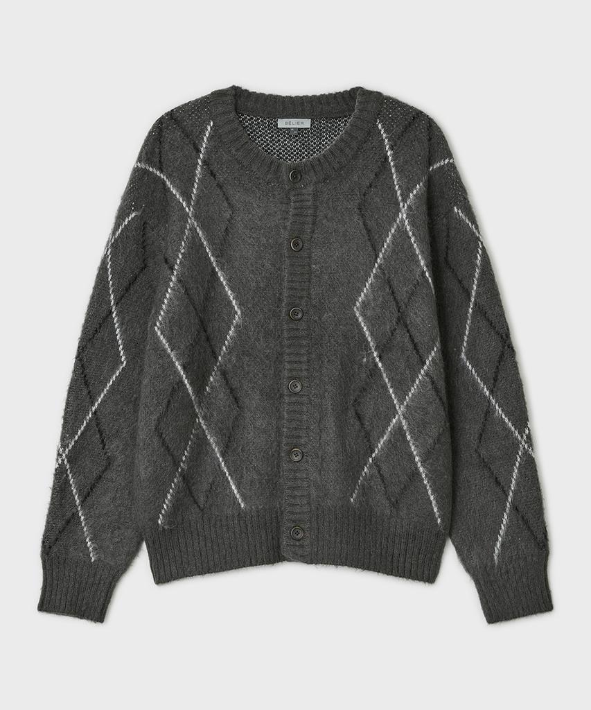 Belier Brushed Argyle Cardigan - Grey