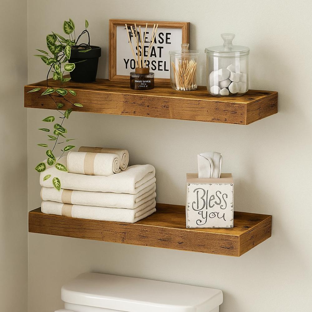 Solid Wood Wall Mounted Bookshelf Floating Design Display Stand Storage Organizer Bathroom