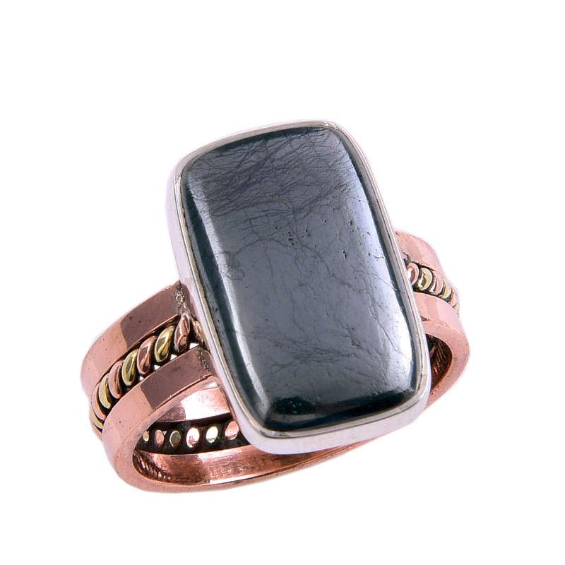 Natural Gunmetal Gemstone Two Tone 925 Sterling Silver Jewelry Ring Size 8 m8E29