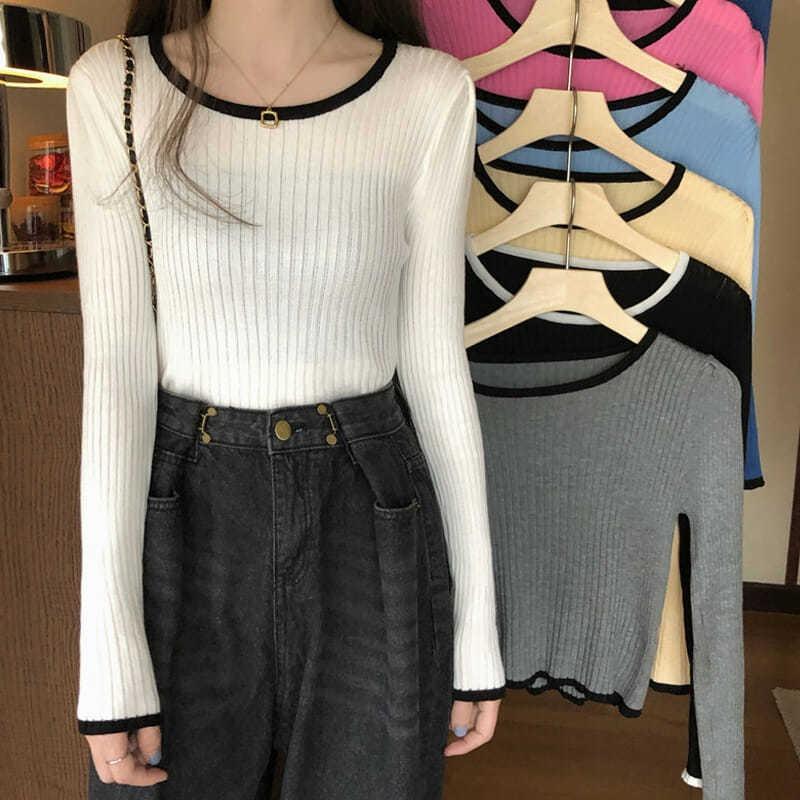 Autumn Korean Style Contrast Color Ribbed Long Sleeve Knitwear Women's Slim Fit Inner Base Layer Top