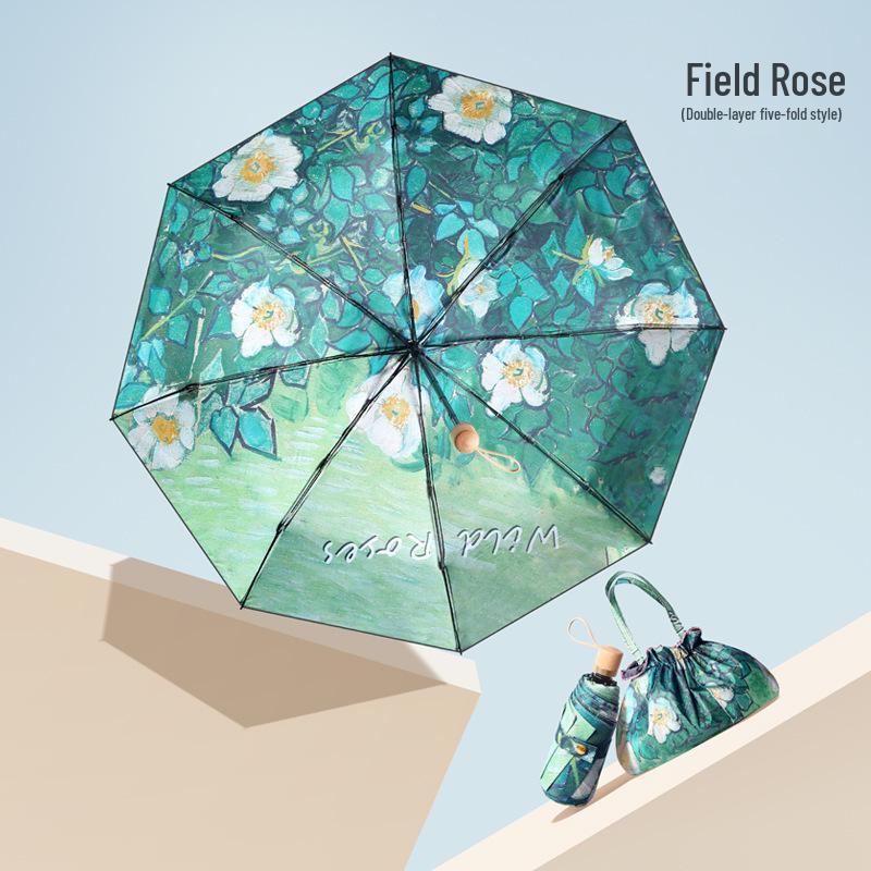 Women's UV-Protection Foldable Sun Umbrella - Compact, Portable, Manual, for Rain or Shine with Black Glue Coating.