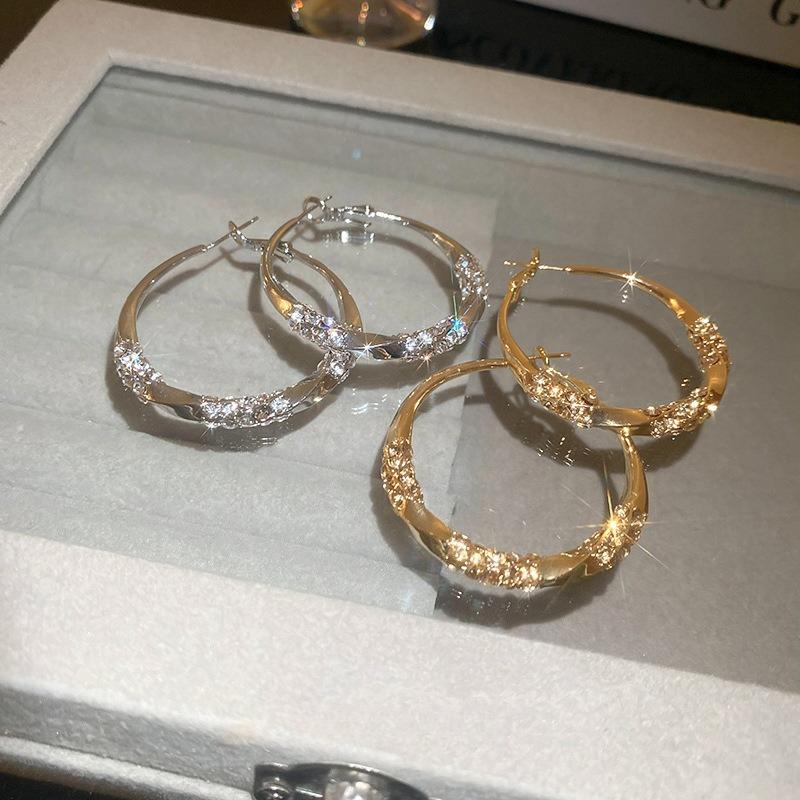 Twisted Hoop Earrings With Rhinestone Inlaid, Hypoallergenic Silver Needle Ear Rings, Fashion Daily Jewelry For Women