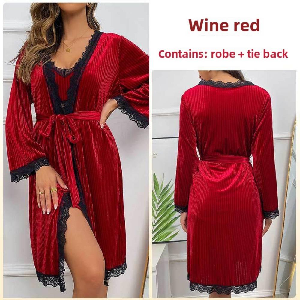 Sexy Cardigan Nightgown Golden Velvet Splicing Women's Robe Loungewear