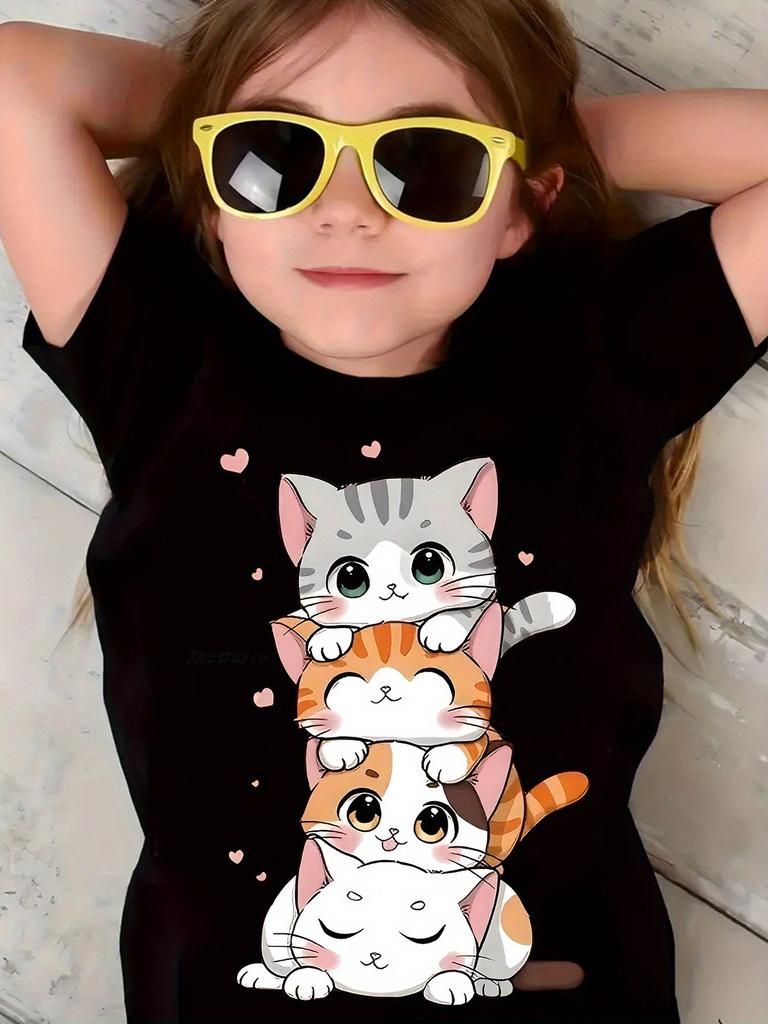 New Summer Girls Clothes Cartoon Cute Cat Graphic T Shirt Short Sleeve Tops for Girls Casual Children's Clothing