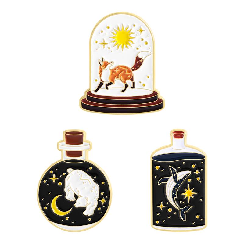 

Ocean Space Bottle Enamel Pins Custom Night Sky Fox Whale Brooches Lapel Badges Clothes Animal Jewelry Gift for Friends