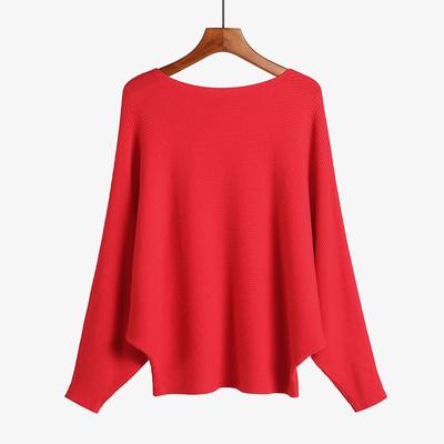 Women's Casual Fashion Knitwear One Neck Batwing Pullover Hem Elastic Soft Breathable Sweater Loose Simple Solid Comfortable Thread Knit Tops