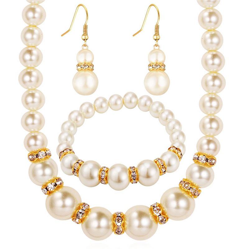 3In1 Set Elegant Pearl Necklace Earrings Bracelet Long Necklace Jewelry Gift