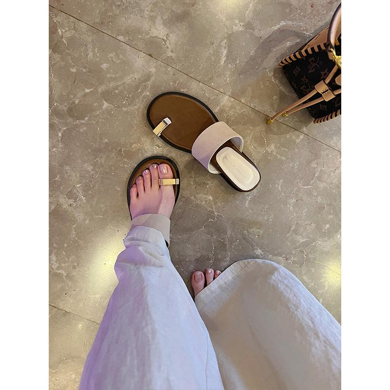 Cowhide Version] Genuine Leather Wedge Heel Toe One-word Sandals Women's 2025 Summer New Versatile and Comfortable Outer Wear Cool Slippers