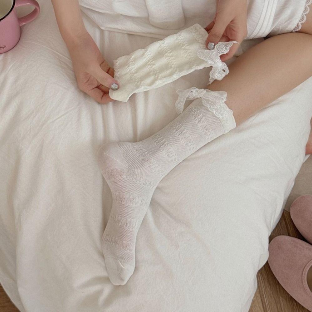3Pairs Ruffle Mid Tube Socks Ins Style Sweet Socks Women Soft Lace Bow Socks  Lady