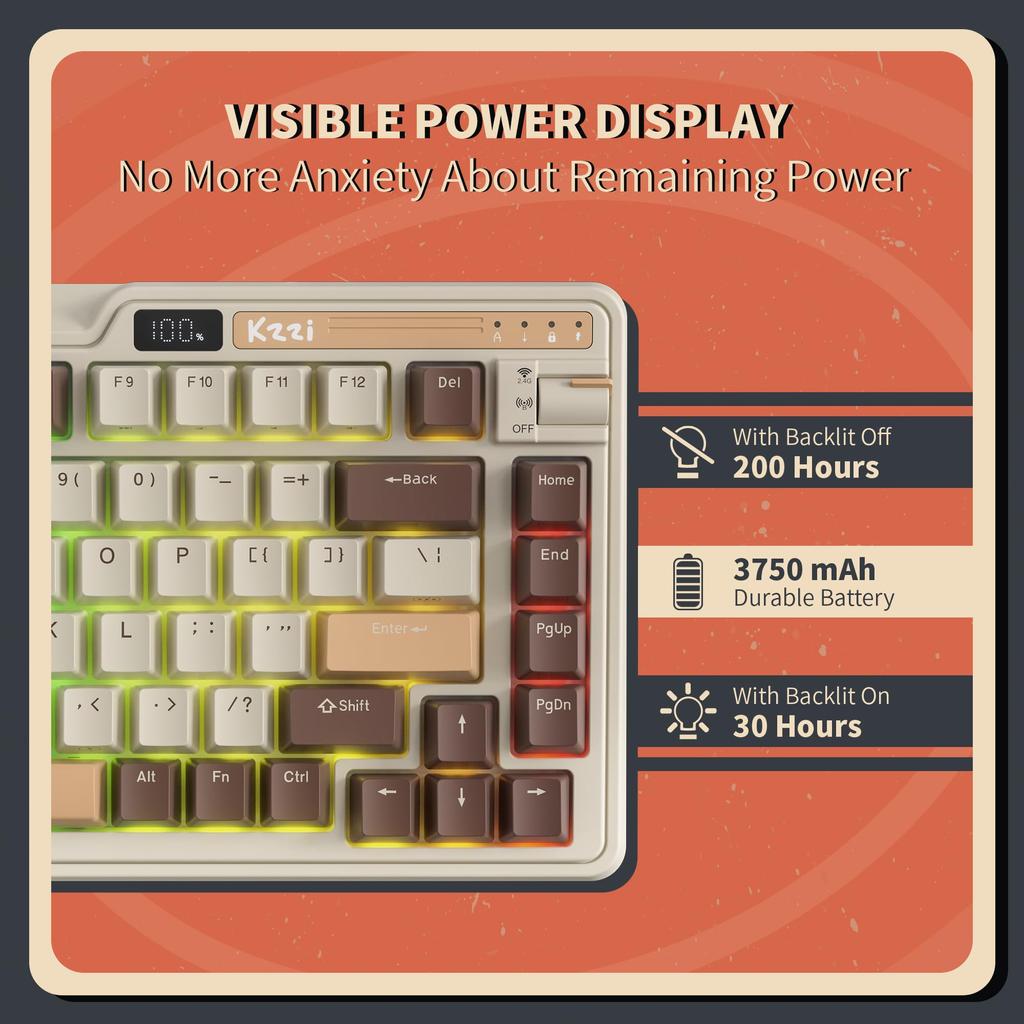 KZZI K75 PRO RGB Wireless Gasket Mechanical Triple Mode 82 Keys Hot Swappable Gaming Keyboard Power Custom Tactile Mousse Cake 75% Keyboard,