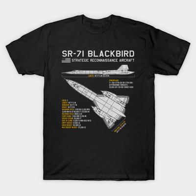 Asian Size Men Black Print T-shirt Sr-71 Blackbird Blueprint Us Aircraft Plane Airplane No-Cut Heat Transfer Print Cotton Tshirt
