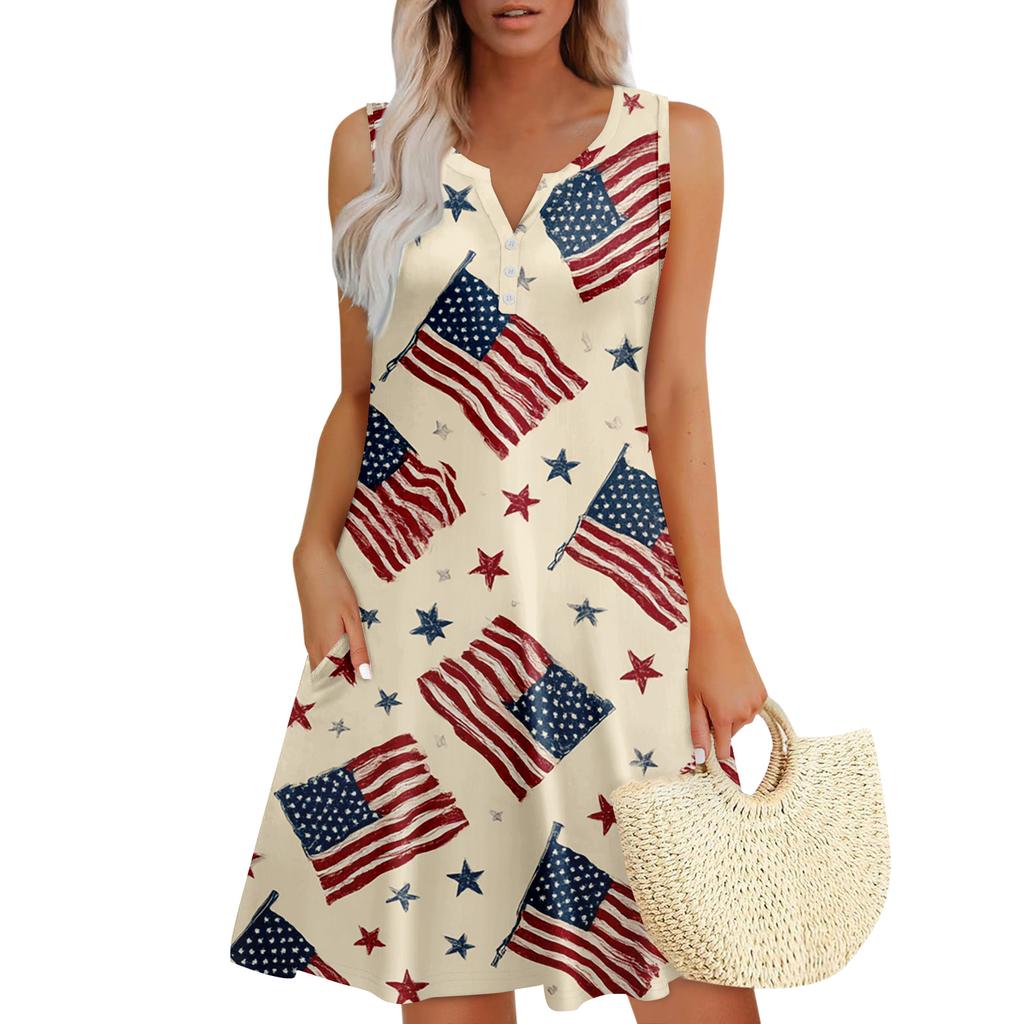 Damen Sommerkleider Lockeres V-Ausschnitt Ärmelloses Sommerkleid Kleid Mit Taschen