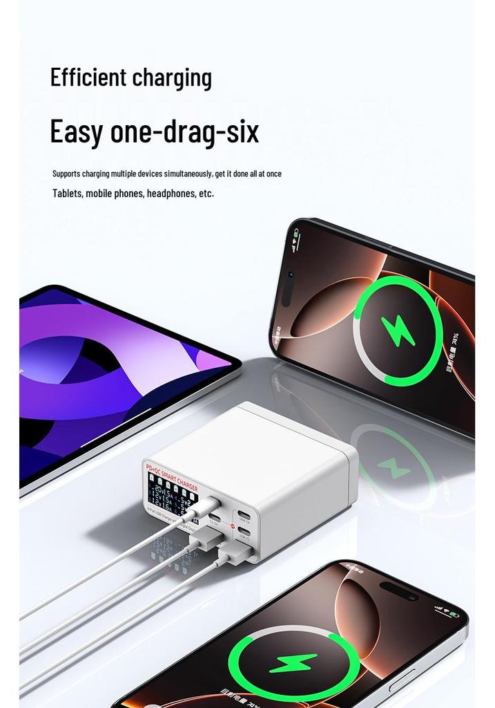 55W USB-C Multi-Port Charger - 6 Ports for Fast Charging Mobile Devices, Tablets, Laptops