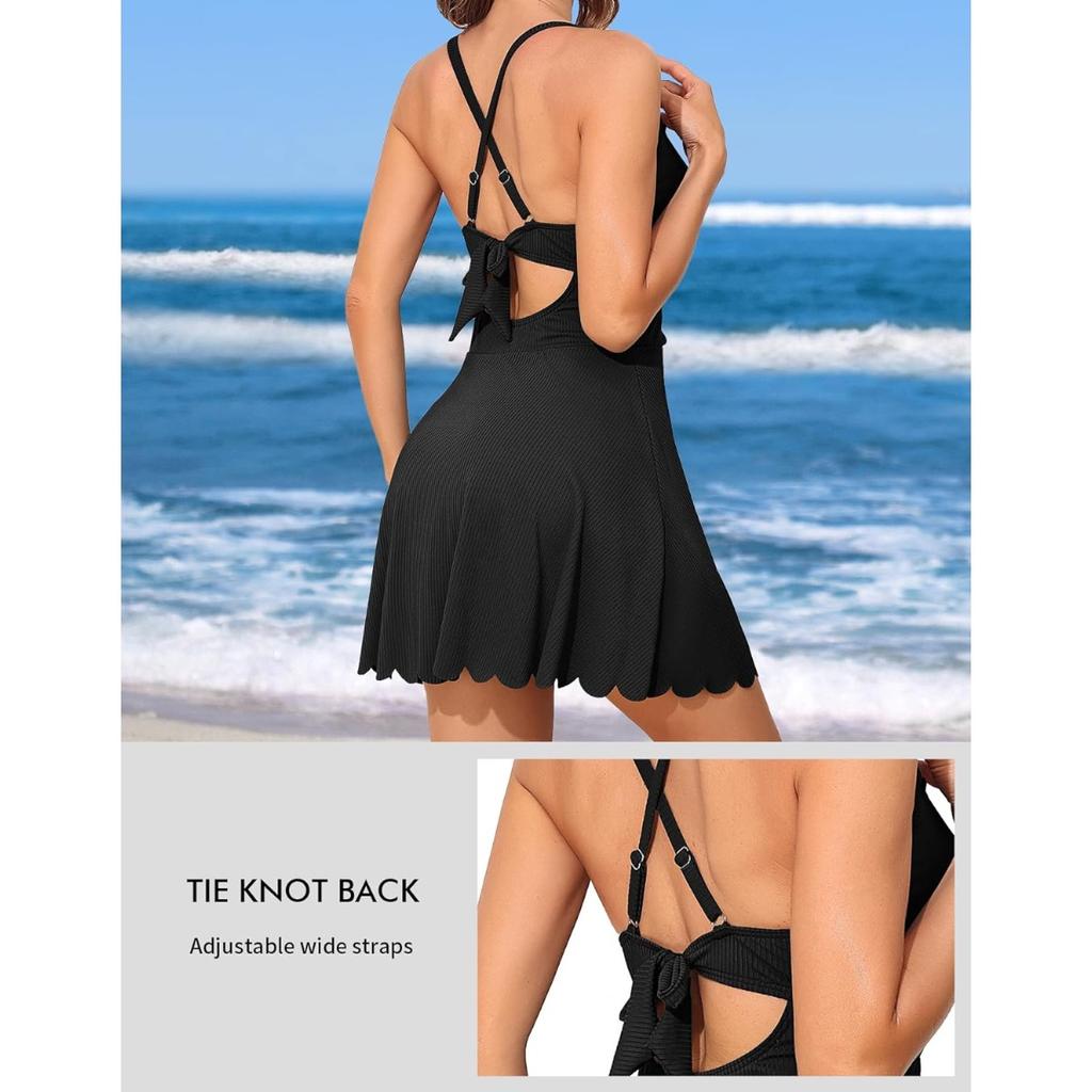 CHARMLEAKS Jednoczęściowy kostium kąpielowy żebrowany dla kobiet, falbaniasty, modelujący brzuch, z dekoltem w serek, marszczony kostium kąpielowy ze spódniczką