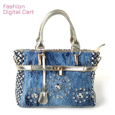 Summer Fashion Womens Handbag Large Oxford Shoulder Bags Patchwork Jean Style and Crystal Decoration Blue Bag