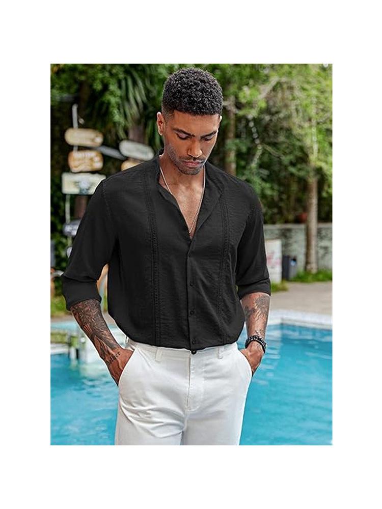 Men's Casual Cotton Linen Stand Collar Shirt - European & American Style for Summer Beach Vacation 2023